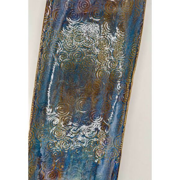 Handmade Raku-Style Ceramic Platter — Iridescent Blue & Copper Swirl Pattern - Picture 8 of 12